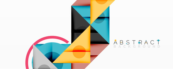 Modern geometric design. Overlapping shapes create vibrant composition. Yellow, blue, coral colors dominate visual space. Minimalist aesthetic.