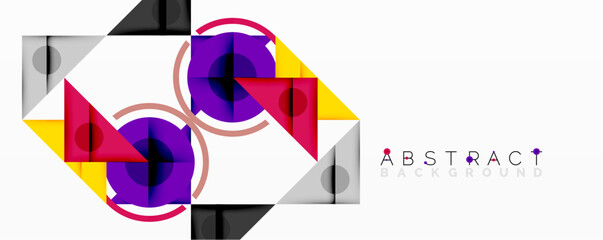 Geometric shapes overlap, creating vibrant abstract composition. Purple, yellow, gray tones dominate design. Modern aesthetic.