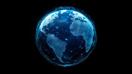 Holographic Earth globe with glowing network lines and digital streams, futuristic UI style on dark background