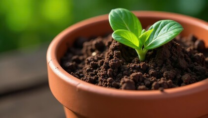 Close-up of rich, dark potting soil in a terracotta pot, ready for planting , potting soil, pot, red