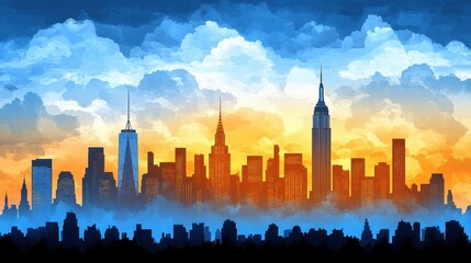 Fototapeta premium Pixelated cityscape during sunset with watercolor sky abstract downtown illustration vector skyline urban architecture modern concept