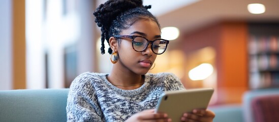 Young woman using tablet in library.