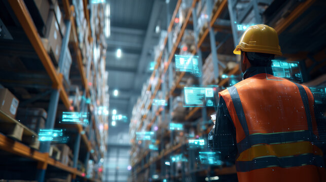 Warehouse worker using AR to manage inventory, glowing data overlays, smart logistics interface and item tracking system between tall shelves