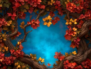 Autumnal Tree Branches Frame Red and Gold Leaves on Deep Blue Background Perfect for Fall Designs