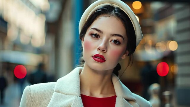  pretty vintage girl in  white long jacket with berette cap, 50s fashionista girl charming calm peaceful look at city street  
