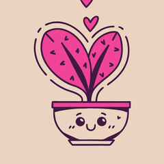Cute Cartoon Plant in Pot Forming Heart Shape