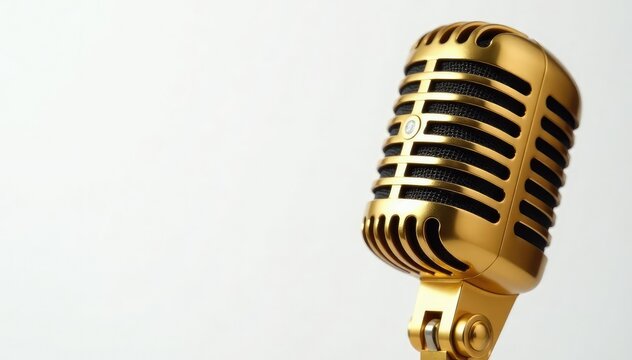 Close-up shot of a gold microphone isolated on white , retro, sound