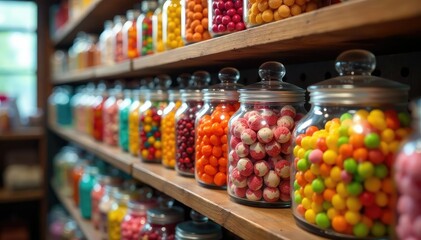 Obraz premium Colorful candy jars overflowing with sweets on shelves , lollipops, candy shop interior