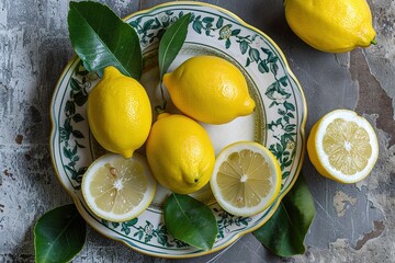 Vibrant yellow lemons arranged artfully on a vintage floral plate with green leaves
