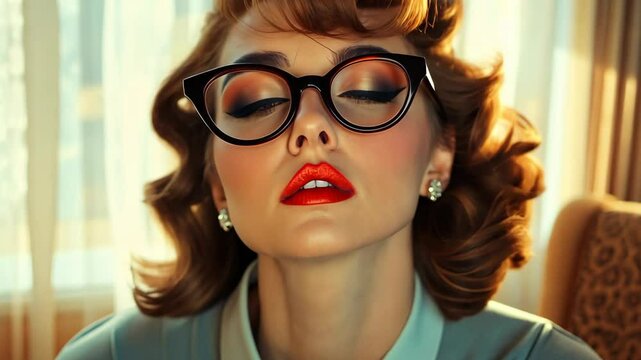 glamour pretty vintage girl, 50s fashionista woman allure look wearing eyeglasses with curve curl hair, Hollywood style
