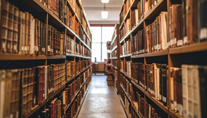 serene interior view of library showcasing rows of wooden bookshelves filled with various books, creating peaceful atmosphere for reading and study