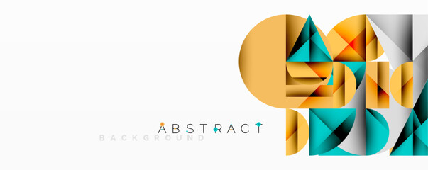 Geometric shapes overlap creating modern design. Warm colors contrast cool tones. Minimalist aesthetic suits backgrounds, presentations.