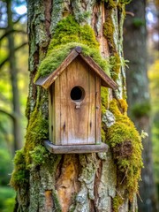 A small birdhouse is intricately carved into the trunk of a tree