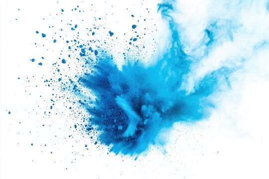 Vibrant blue powder explosion against a clean white color background