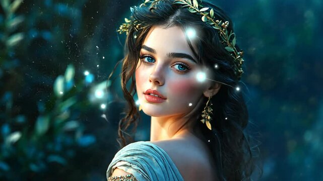pretty goddess wearing gold leaves tiara at enchanted forest with firefly glowing around