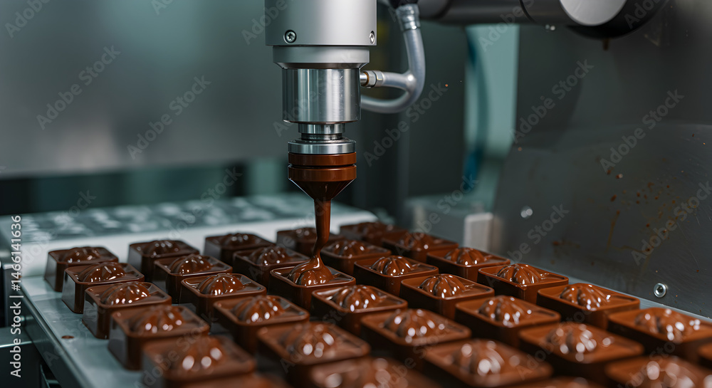 Poster automated chocolate manufacturing robotic arm filling molds in a factory setting with dark brown col