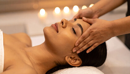 serene woman enjoys relaxing head massage in tranquil spa setting, surrounded by soft candlelight, promoting sense of calm and rejuvenation