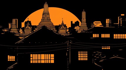 Naklejka premium Retro pixelated cityscape with vibrant sunset evoking nostalgia and vintage gaming aesthetic evoking a digital dreamscape