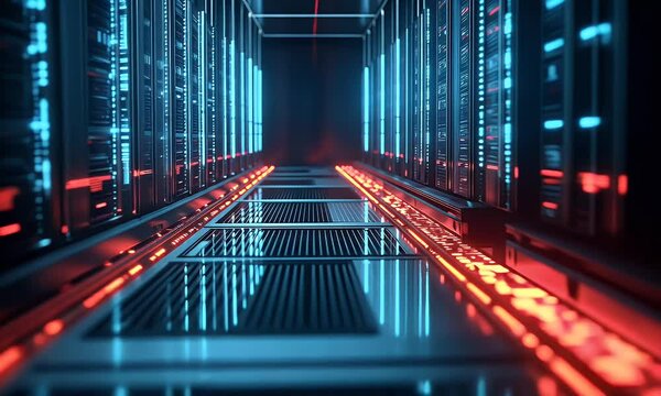 3D rendering of a data center with rows of large server cabinets glowing in neon colors. The background is dark, and the focus on the front view shows close-up details of the cabinet doors, creating a