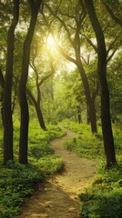 Fototapeta premium Serene pathway winding through a lush forest surrounded by greenery and sunlight
