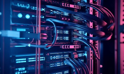 Vibrant, colorful cables and wires connecting to an industrial server rack in the background. The scene is illuminated by bright neon lights that create dynamic shadows on the cables and data center  - Powered by Adobe