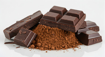 Close Up of Dark Chocolate Pieces and Cocoa Powder on A White Background with Studio Lighting and Professional Composition