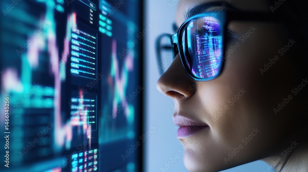 Poster close-up of a person with glasses viewing a futuristic digital hologram displaying data charts and g