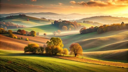 Fototapeta premium Softly filtered morning light casts a warm glow on rolling hills and fields with a lightly colored sky, gentle breeze rustling leaves , gentle hills, natural landscape