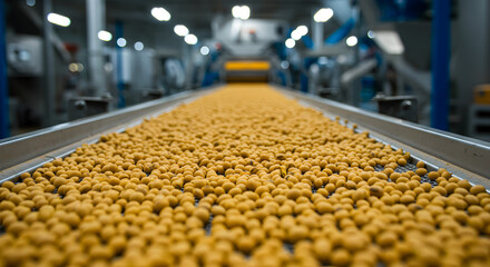 Fototapeta premium Close up of Yellow Round Food Product on Conveyor Belt in a Food Production Factory with Machinery and Pipes in the Background