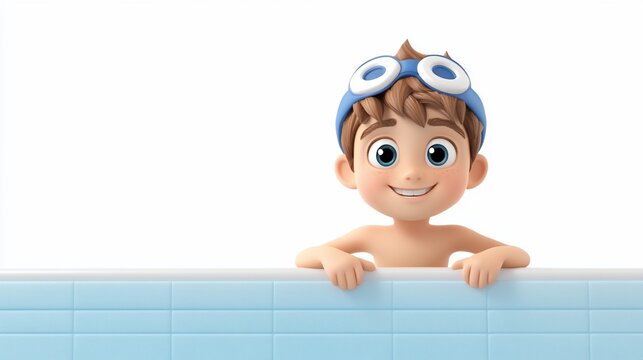 Happy cartoon boy swimmer peeking over pool edge.