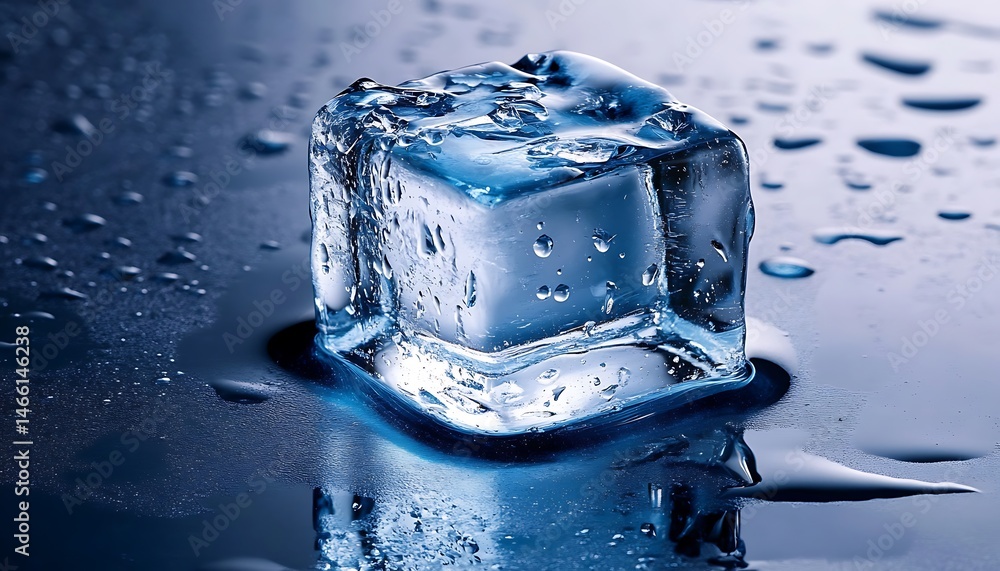 Poster ice cube melting on wet surface forming puddle reflecting light with water droplets