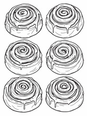 Delicious cinnamon roll drizzled with creamy icing line art.eps