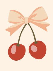 Vintage Cherry Clipart with Bow &ndash; Coquette Aesthetic Fruit Illustration

