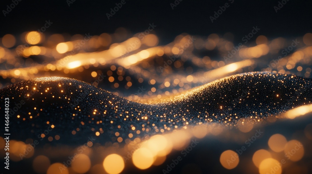 Poster abstract gold and dark background with shimmering particles. a wavy surface of tiny golden particles