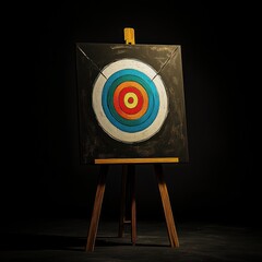 A colorful target painted on a dark canvas, standing on a wooden easel, illuminated from the front.  The target's concentric circles are in various hues