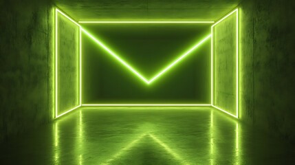 Neon green email symbol in dark concrete room