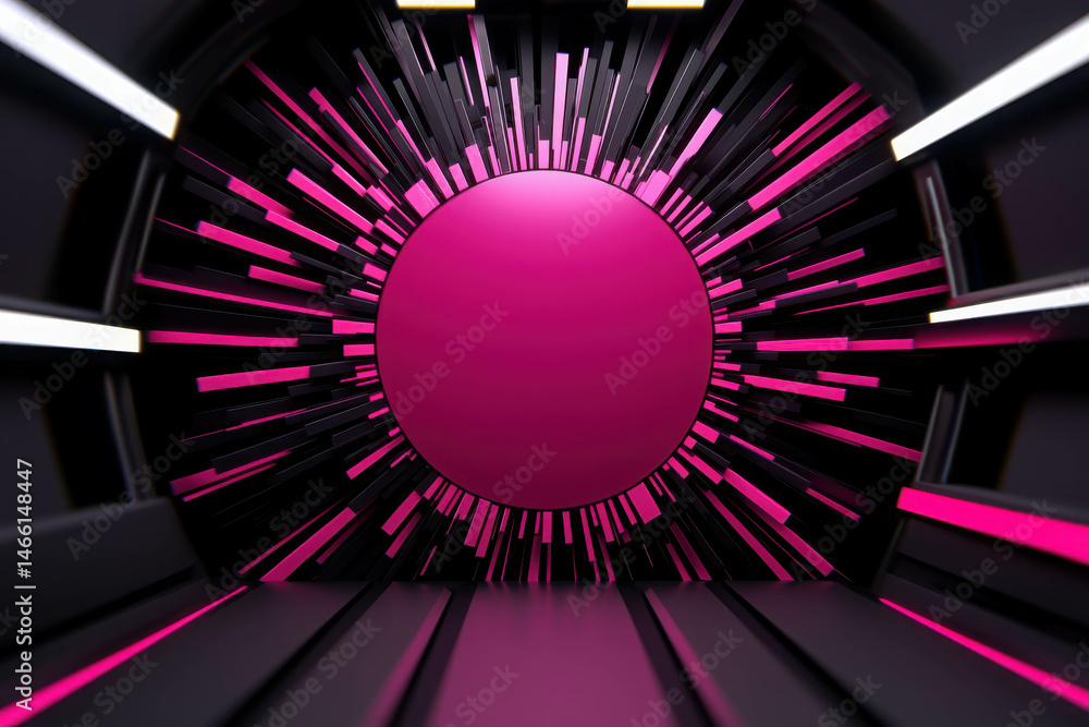 Poster abstract design of pink explosion in a futuristic tunnel environment with sleek lines