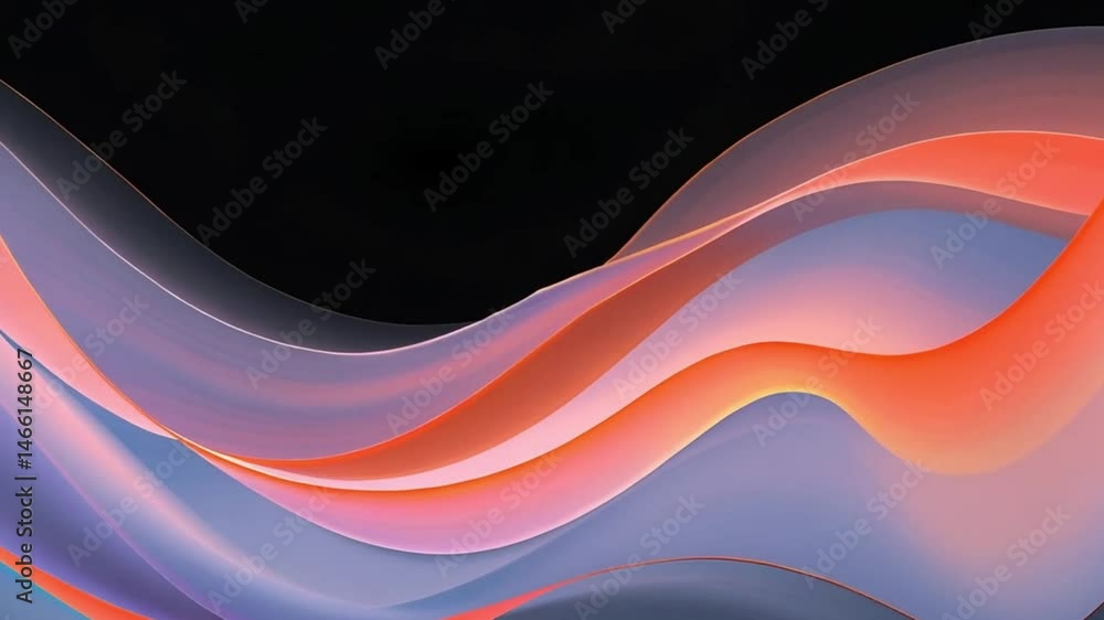 Poster flowing abstract ribbons in violet, blue, and orange gradients move gently across a dark background,