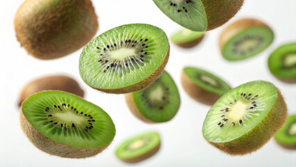 Fototapeta premium Floating Kiwi Fruit and Slices on White Background – Fresh and Vibrant Look
