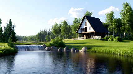 Obraz premium Rustic Cottage By A Waterfall In A Forest Landscape