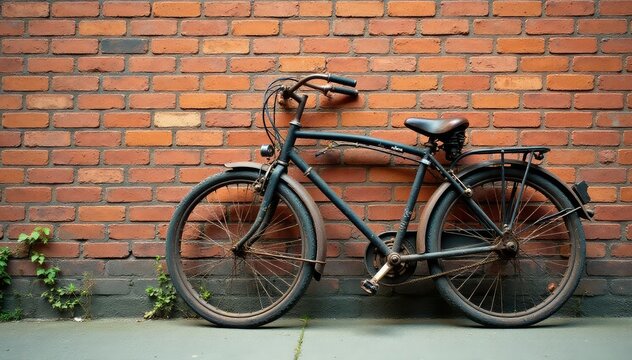 Rusty vintage bicycle leaning against brick wall, retro, wall, texture - Powered by Adobe