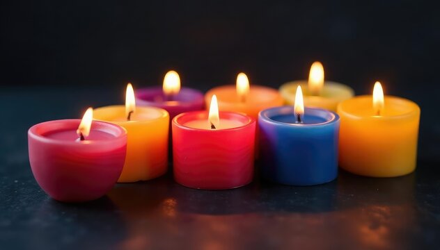 Set of votive candles, various colors, burning brightly, bright, event, votive candles