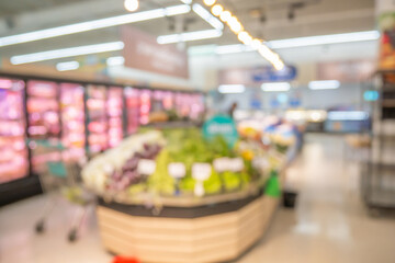 Grocery store aisle and shelves interior blurred background