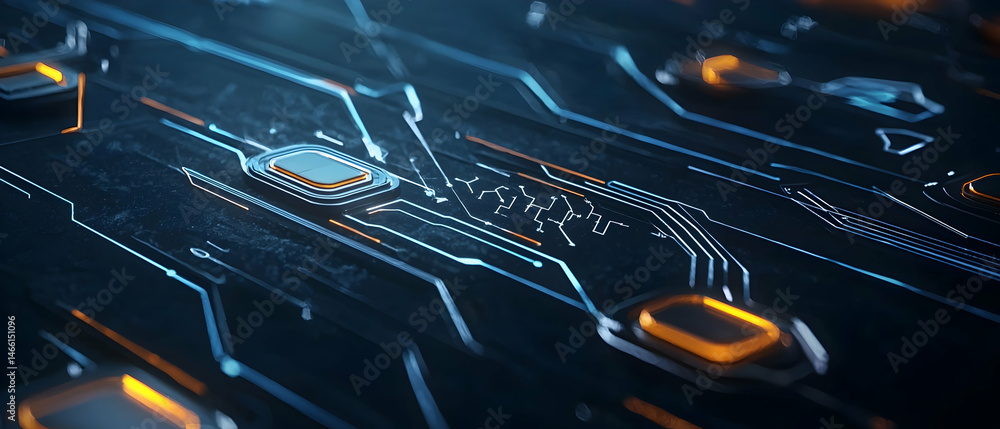 Poster abstract circuit board with glowing components