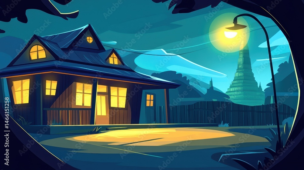 Poster charming pixelated night home under a vibrant street lamp with retro videogame atmosphere in front o