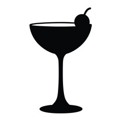 punch glass with cherry vector silhouette icon, black and white illustration of drinks.