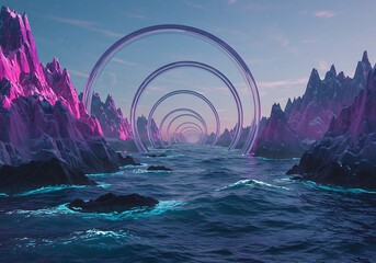 Surreal Seascape: Purple Mountains & Glowing Rings