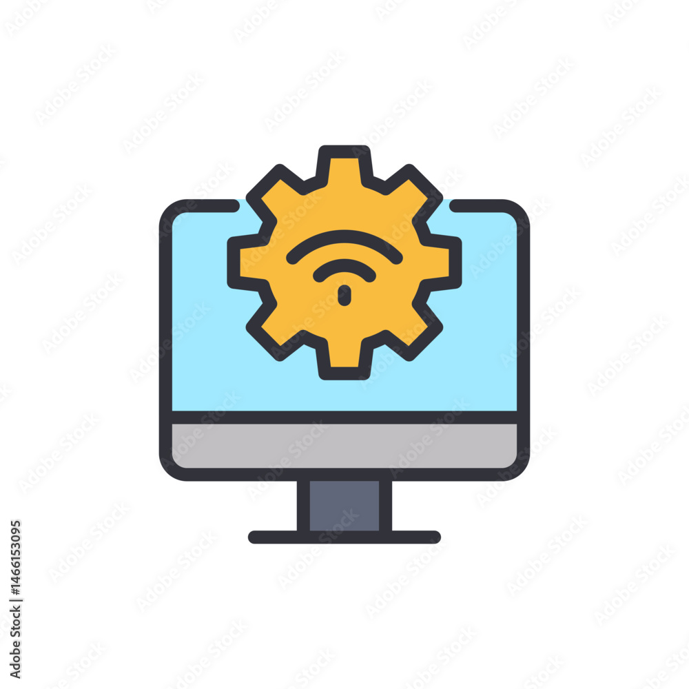 Poster modern computer display with gear and wireless connectivity symbol icon