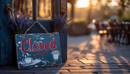 The sun sets on a charming blue door adorned with a rustic 'Closed' sign, inviting rest.