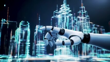 A robotic AI hand manipulating an abstract 3D model of a smart city, with overlapping data layers. Represents futuristic technology and artificial intelligence. - Powered by Adobe